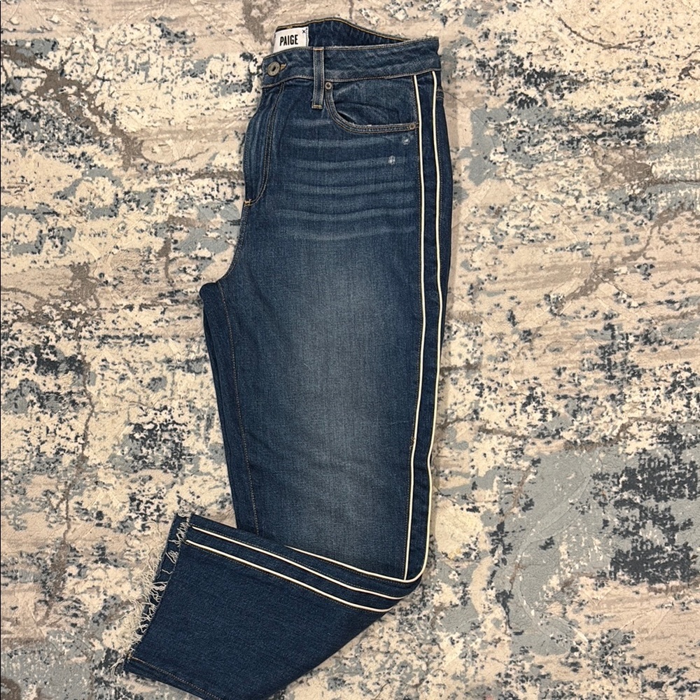 PAIGE Blue Straight Leg Jeans with Piping detail and raw hem